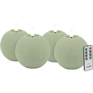 Candela LED Kerzen 4er Set H:8xØ10cm grün rustic Echtwachs mit Fernbedienung Timer Funktion & mehrstufig dimmbar flammenlos Echtwachskerzen Kugelkerze