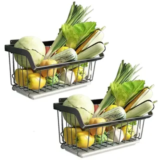 Obst- Und Gemüseregal Aus Rostfreiem Stahl 304, Wandhalterung Zur Aufbewahrung Von Gemüse In Der Küche, 2-stöckiger Obstkorb, Arbeitsplatte/Wandmontage Obst- und Gemüseregal(Noir,30x20.5x17.5cm)