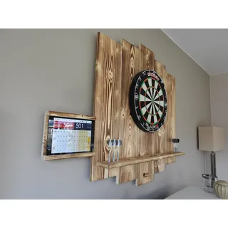 WDS Darts Sports Wooden Dartboard Surround | Premium Dart-Wandschutz & Tablet-Halter | Burned Look | MIT Tablet-Halter (Catchring, Dart Umrandung, Backboard)