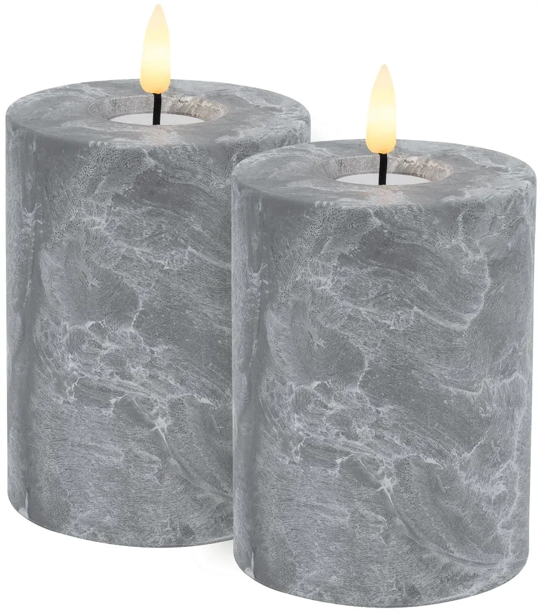 Candela Lights LED Kerzen 2er Set Ø8x10cm Betonoptik Stumpenkerze mit Timerfunktion Flammenlose flackernde LED-Kerze