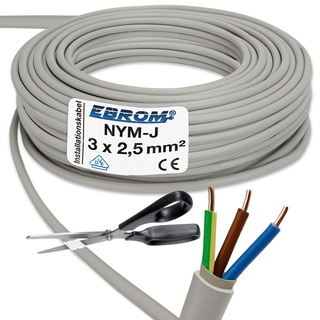 EBROM NYM-J 3x2,5 mm2 - Mantelleitung - Installationskabel - Feuchtraumkabel - grau - Auswahl in 1 Meter Schritten - Meterware auf den Meter genau - Ihre Auswahl: NYM-J 3x2,5 mm2, Länge: 24 Meter