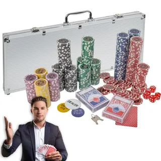 H&F Heimtextilien Poker Set Premium – 300 Hochwertige, Schwere Chips, 2 Kartendecks, Würfel, Dealer-Button, Aluminium-Koffer – Professionelles Poker Spielset