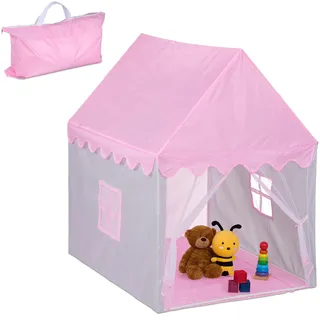 Relaxdays Spielzelt Haus-Design, HBT 130x95x125 cm, Kinderzelt, großer Eingang, Spielhaus Indoor, Krabbelzelt, rosa/grau