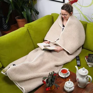 Warme & Dicke Tragbare Decke mit Ärmel aus Schurwolle, Wolldecke Merinowolle, Woolmark-Zertifiziert, Tagesdecke für Damen & Herren, 100% Naturprodukt, Reißverschluss, Ganzkörperdecke, Beige