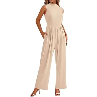 Haibang Jumpsuit Damen Sommer Elegant Ärmellos Overall Lang Mock Neck Romper Lässig Einteiler Festlich Hochzeit Hosenanzug Weites Bein Hose Playsuit mit Taschen - XL