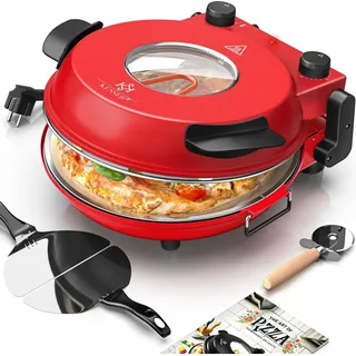 Kesser Pizza-Ofen elektrisch bis 400 Grad Elektrischer Pizzabäcker 1200W mit feuerfester Steinplatte & Timer Durchmesser 32cm | 5 Heizstufen &... | Rot