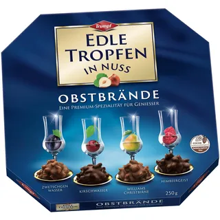 Edle Tropfen in Nuss Obstbrände 250g, flüssig gefüllte Schokoladenpralinen mit Milchschokoladen-Überzug und knackigen Haselnuss-Splittern