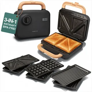 Lebenlang 3-in-1-Sandwichmaker Waffeleisen - Sandwichmaker - Kontaktgrill - Für Panini, Waffeln & Co., 750 W, 3in1 Kombi-Gerät, 15 Min. Timer, Hochwertiges Holzdesign schwarz