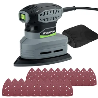 WORKPRO Deltaschleifer, 130W Dreieckschleifer mit Staubabsaugung, 13.000 U/min Multischleifer mit 20 Schleifpapieren 150mm*100mm, Schleifmaus, Eckenschleifer für Holz, Stahl und Polieren
