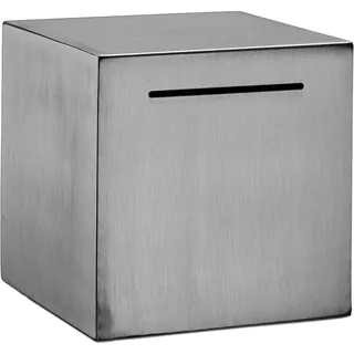 Relaxdays Spardose nicht zum Öffnen, Edelstahl, 15 x 15 x 15 cm, Sparschwein für Erwachsene, Scheine & Münzen, silber