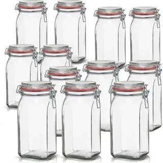 BigDean 12er Set Vorratsgläser 1,5L - Einmachgläser mit Deckel & Bügelverschluss - Drahtbügelgläser eckig : 1500 ml : 12 Stück - Transparent