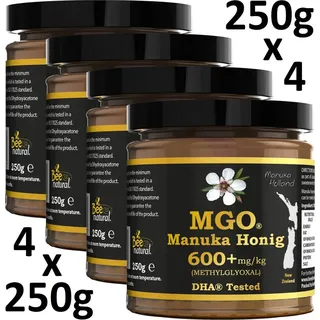 BEE NATURAL MGO 600+ PREMIUM MONOFLORAL NEUSEELAND MANUKA HONIG IN EINEM UMWELTFREUNDLICHEN ECHTGLASGEFÄß AUS NICHT GEFÄRBTEM GLAS * 1000G (4x 2...