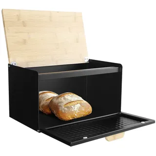 Navaris Brotkasten Metall Groß Schwarz - Brotbox Küche mit Bambus Deckel - Praktische Aufbewahrung Brot - Brotaufbewahrungsbox - Bread Box - Brotkiste - Brotaufbewahrung modern