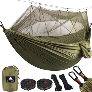 NatureFun Ultraleichte Moskito Netz Camping Hängematte (300 X 200 cm) 300kg Tragfähigkeit,Atmungsaktiv, schnell trocknende Fallschirm Nylon Enthalten 2 x Premium Karabinerhaken 4 x Nylonschlingen