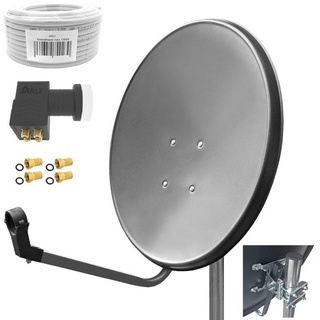 ARLI 60cm HD Sat Anlage grau + Quad LNB + 50m Koaxialkabel + 4x F-Stecker SAT-Antenne (60 cm, Stahl) grau