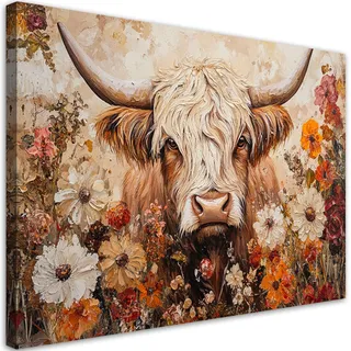 Feeby Leinwandbilder - Deko Bilder - Schottische Retro Kuh Blumen - Canvas 120x80 cm XXL 1tlg- Wandbilder Schlafzimmer - Aesthetic Room Decor - Modern Wanddeko - Bild auf Leinwand - Fertig Gespannd