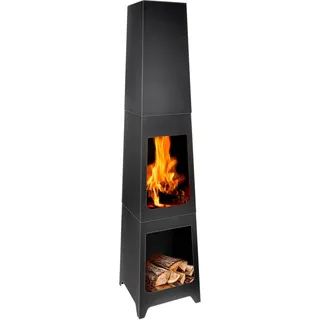 BBQ Collection Terrassenofen - Feuerstelle 36 x 36 x 150 cm - Gartenkamin für Brennholz - Gartenofen mit Ascheauffangbehälter und Holzablage - Terassenofen Außen - Karbonstahl