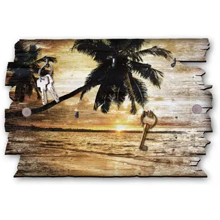 Kreative Feder Palmenstrand Designer Schlüsselbrett, Hakenleiste im Landhaus-Stil, Shabby-Chic aus Holz 30x20cm (Palmenstrand)