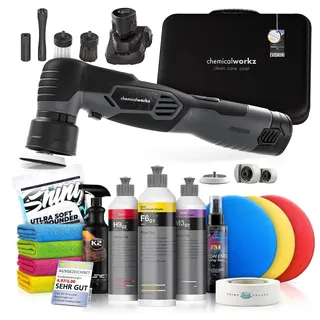Poliermaschinen Set: chemicalworkz EVO Mini Akku Poliermaschine + Koch Chemie Politur Set + Royal Pads Premium Polierpads + Dr. Wack Lackversiegelung + Zubehör | 14-teilig