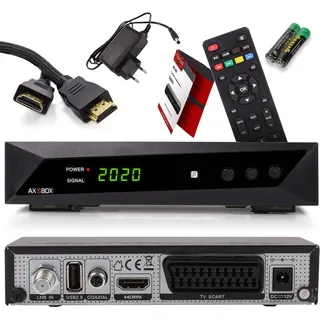RED OPTICUM Sat Receiver HD für Satellitenschüssel, Satelliten Receiver Sat, 1080p, Full HD, AAC-LC Audio, HDMI, SCART, USB 2.0, Koaxial - Einkabel tauglich DOCS - AX SBOX Set + HDMI Kabel