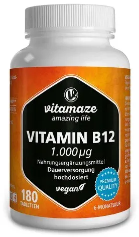 Vitamin B12 hochdosiert und vegan, 180 Tabletten für 6 Monate Dauerversorgung