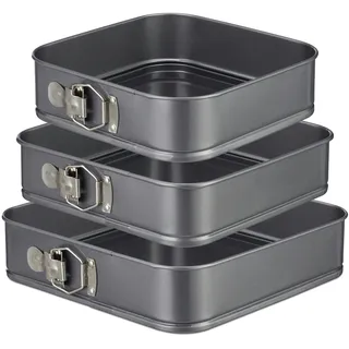 Relaxdays Springform quadratisch 3er Set, antihaftbeschichtet, eckige Kuchenform, Carbonstahl, 24, 26 & 28 cm, anthrazit