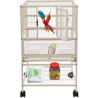 Vogelkäfig für kleine und mittlere Vögel, Wellensittich-Käfig, Papageienkäfig mit Schmutzwanneneinsatz, 2 Futternäpfen und 4 Rollen