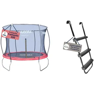 HUDORA Trampolin Fantastic in versch. Größen - Gartentrampolin mit Sicherheitsnetz & Universalleiter - Rutschhemmende Trampolinleiter mit Breiten Stufen