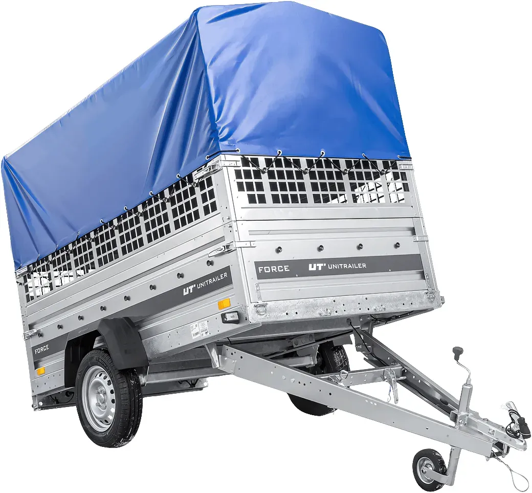 Einachsanhänger 230x125 UNITRAILER FORCE 230 KIPP mit Gitterseitenwänden, H-0-Rahmen und blauer Plane