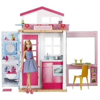 Barbie DVV48-2-Etagen Ferienhaus und Puppe, zusammenklappbar, mit Tragegriff, mehrere Spielbereiche, enthaltene Möbel & themenbezogene Aufkleber + Zubehörteile, Puppenhaus, Spielzeug ab 3 Jahren
