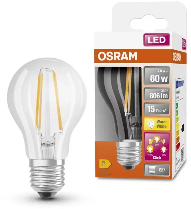 OSRAM E27 LED 3-Stufen-Dimmen Filament klar 6,5W wie 60W E27 warmweisses Licht