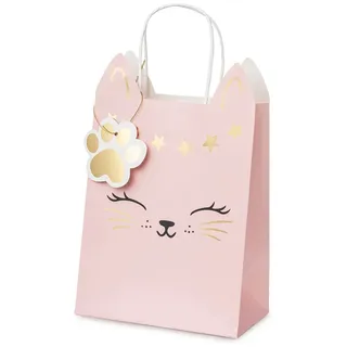 Partydeco Geschenktüte Katze mit Henkel 18x10x27cm - Papiertüten zum Befüllen für Gastgeschenke und Mitgebsel - Partytüten mit Boden für Kindergeburtstag Mädchen Mottoparty - Hellrosa Gold