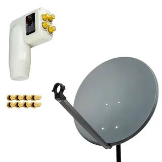 PremiumX Satelliten-Komplettanlage 60cm Satellitenschüssel Anthrazit Satellitenantenne SAT Quad LNB 8x F-Stecker bis 4 Teilnehmer