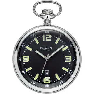 REGENT Herren Taschenuhr Edelstahl 50 MM Quarz Schwarzes Zifferblatt Arabische Zahlen Datum, Leuchtindizes Geschenkidee