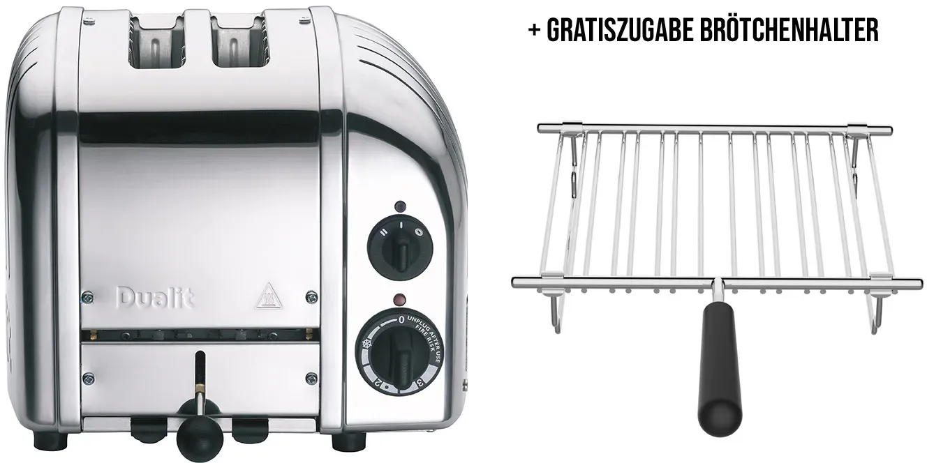 Classic Toaster Premium 2-Schlitz inkl. Gratis Brötchenaufsatz Poliert