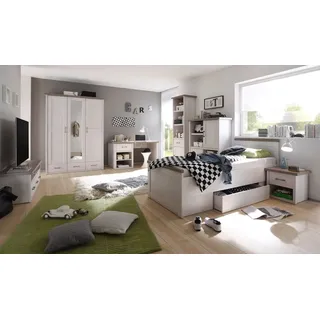 möbel-direkt.de Jugendzimmer-Set Jugendzimmer Luca in Pinie Weiß und Trüffel, (Komplett Set, 7-tlg., 7 TEILE), Kleiderschrank mit Spiegeltür weiß