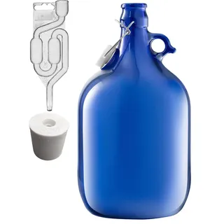 lilawelt24 5L Premium Blaue Flasche +STOPFEN +GÄRRÖHRCHEN|GÄRBALLON Weinballon Glasballon Weinflasche| Weinset Gärbehälter/brauen/Wein Machen/Glasflasche (Set 5L Bügelflasche+STOPFEN +GÄRRÖHRCHEN)