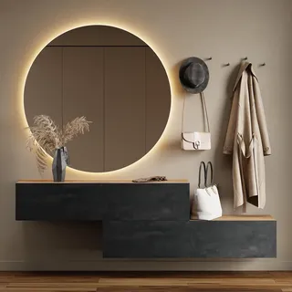 Planetmöbel Flur Möbel Garderobe 1x Hängeschrank 140 cm gold eiche / anthrazit mit Nova Spiegel 100 cm