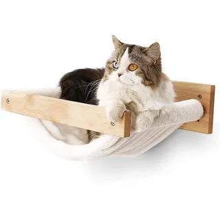 FUKUMARU Kletterwand Katzen, Großes Katzenregal zur Wandmontage, aus massivem Gummibaumholz, Katzenhängematte Wand zum Schlafen, Spielen, Tragkraft bis 18 kg, Weißes Flanellmaterial