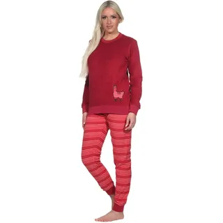 Damen Frottee Pyjama mit Rundhals, Uni Oberteil, Alpaka, Hose in Ringel-Optik, Rot, 67261. Gr. L 44/46 - L