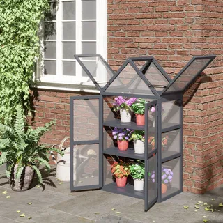 Outsunny Frühbeet Mini Gewächshaus 3 Ebenen Treibhaus Pflanzenbeet mit aufklappbarem Dach Doppeltüren aus Holz Natur 70,5 x 42 x 132