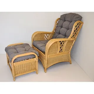 Rattani Rattanstuhl Rattansessel, Rattan Ohrensessel Oliver + Rattanhocker, Inkl. hochwertigen Sitz und Rückenkissen Fb. Uni Living dunkel grau