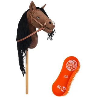 RL24 - Hobby Horse Pferde Mini von HKM Kids inkl. MagicBrush Edition – Steckenpferd – Spielpferd mit Holzstock, Mähne & Trense – Stockpferd ohne Griffe & Rollen – braun