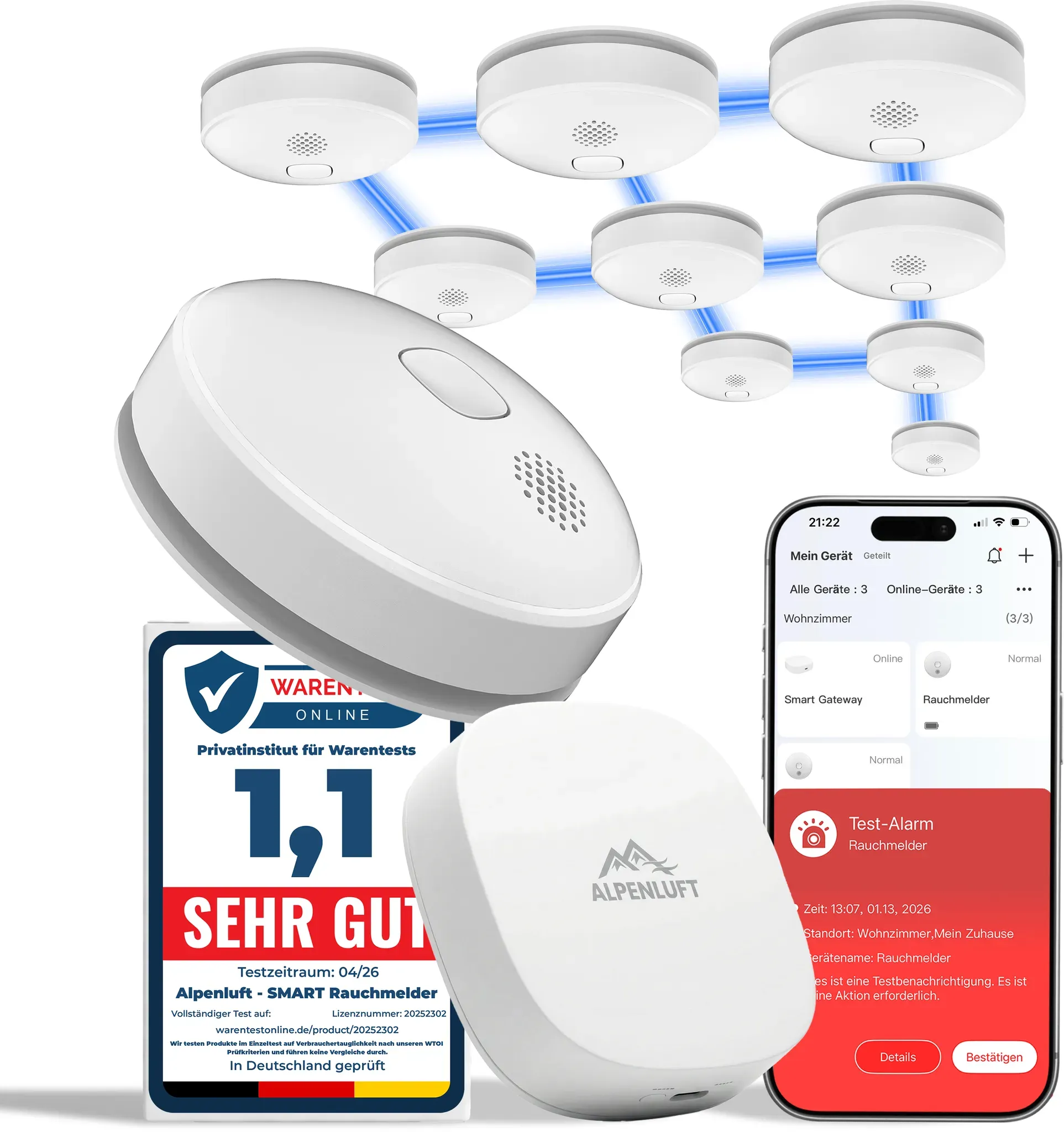 SMART Rauchmelder funkvernetzt - mit Smartphone App - 10x + Gateway