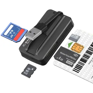 6-in-1 USB Chipkartenlesegerät - SIM Kartenleser, ISO7816 Kontakt-SmartCard Reader Gesundheitskarte Lesegerät, Fahrerkarte Lesegerät, unterstützt SD, MMC, UHS-I, Micro SD, MS, SIM, M2, Smartcards