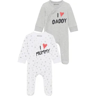 Kidsworld Schlafoverall KIDSWORLD "2er Schlafoveralls: I love Mummy / I love Daddy", Jungen, Gr. 62/68, N-Gr, grau (weiß, grau, meliert), Interlock, Obermaterial: 100% Baumwolle, bedruckt, Basic, Basic, Rundhals, Overalls, aus Bio-Baumwolle, Baby-Overalls
