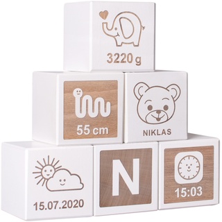 LAUBLUST Holzwürfel Baby Personalisiert mit Namen - Holzspielzeug mit Gravur - 6er Würfel Set - Teddybär | 50x50x50mm groß, Holz, Weiß - für Kinder ab 1 Jahr | Graviertes Geschenk zur Geburt & Taufe