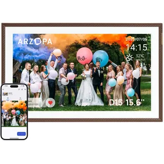 ARZOPA Digitaler Bilderrahmen Groß 15,6 Zoll Kostenlos Unbegrenzter Cloud-Speicher Sofortige Fernübertragung Fotos Videos FHD Touchscreen Elektronischer Bilderrahmen Geschenk für Feiertage - D15 Braun