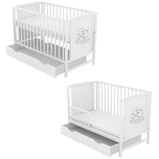 orbitrex.eu Babybett Kinderbett 60x120 weiß Schublade Kiefer Teddy Motiv Matratze weiß
