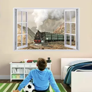 3D Wandaufkleber, Dampflokomotive Durchbruch Wandtattoos Deko Wand Selbstklebend, Wand Aufkleber Wanddurchbruch Wandsticker für Zuhause, Badezimmer, Schlafzimmer, Wohnzimmer 110x70cm